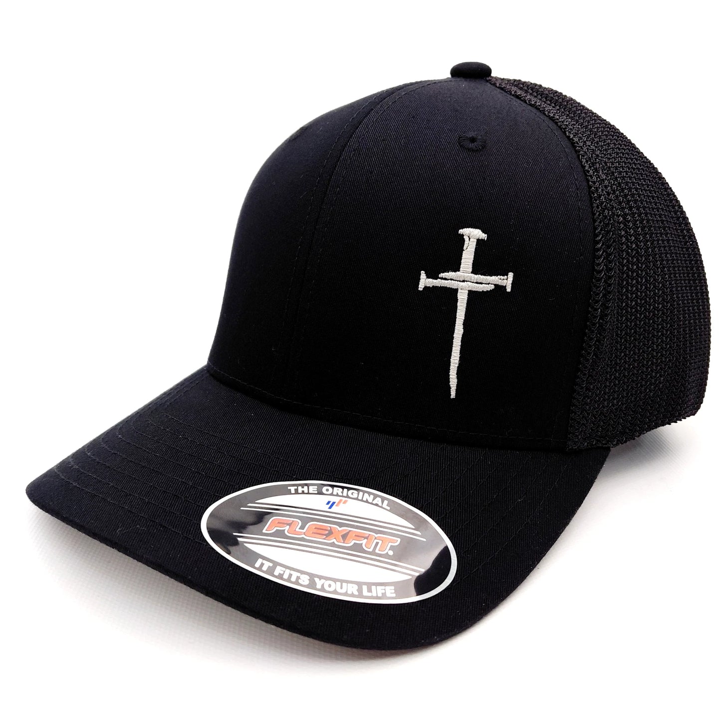 Three Crosses Flexfit Fitted Hat Cap Embroidered Black (Pick Your Size)