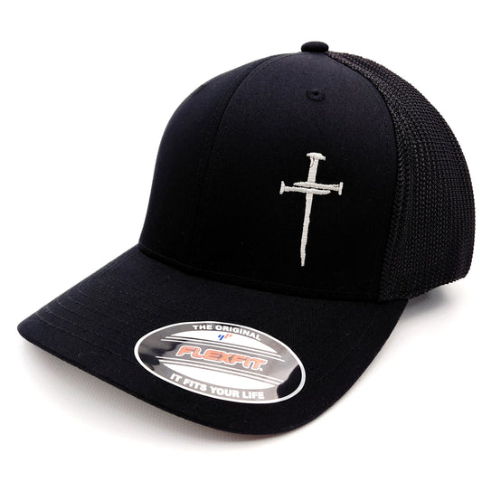 Three Crosses Flexfit Fitted Hat Cap Embroidered Black (Pick Your Size)