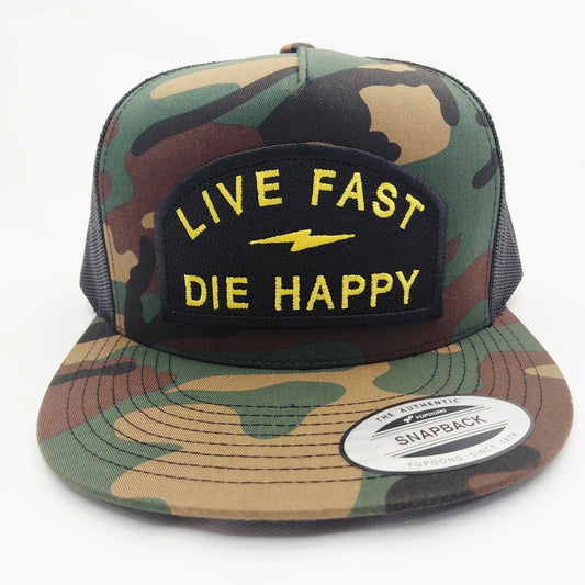 Live Fast Die Happy Patch Flat Bill Trucker Hat Snapback Camo/Black Cap