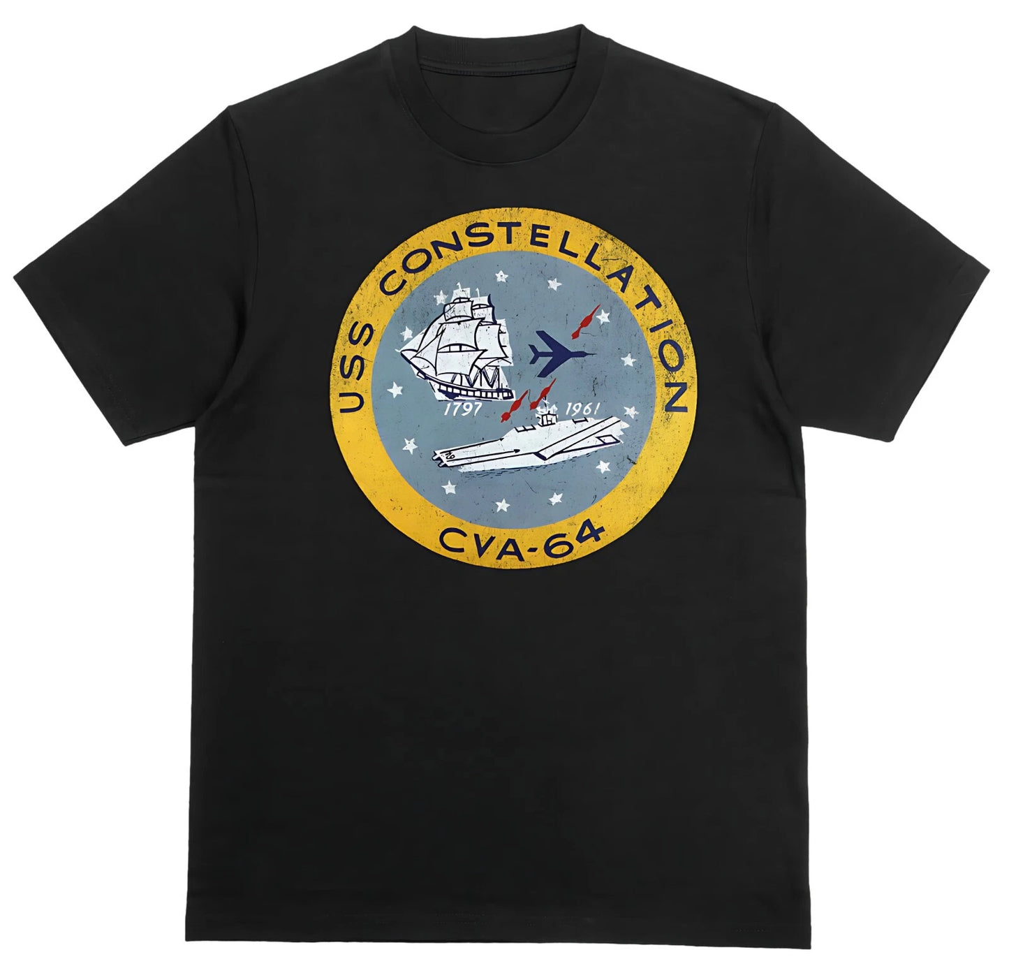 USS Constellation CVA-64 T-shirt Unisex 100% Cotton Black Distressed Graphic