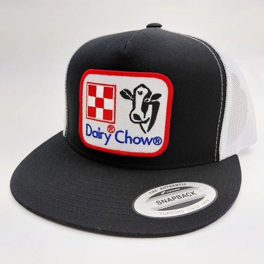 Dairy Chow Cattleman Rancher Hat Embroidered Patch Flat Bill Mesh Snapback Cap