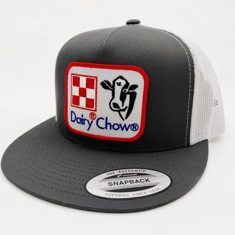 Dairy Chow Cattleman Rancher Hat Embroidered Patch Flat Bill Mesh Snapback Cap