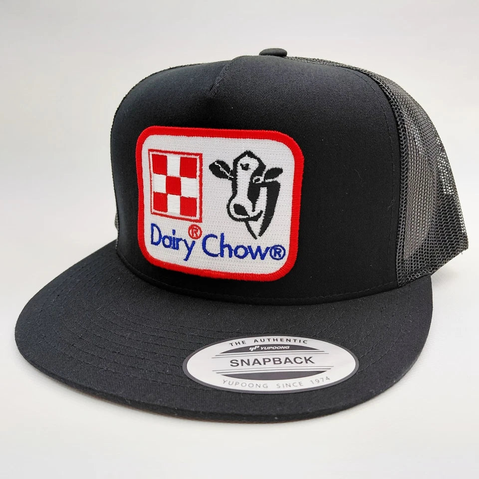 Dairy Chow Cattleman Rancher Hat Embroidered Patch Flat Bill Mesh Snapback Cap