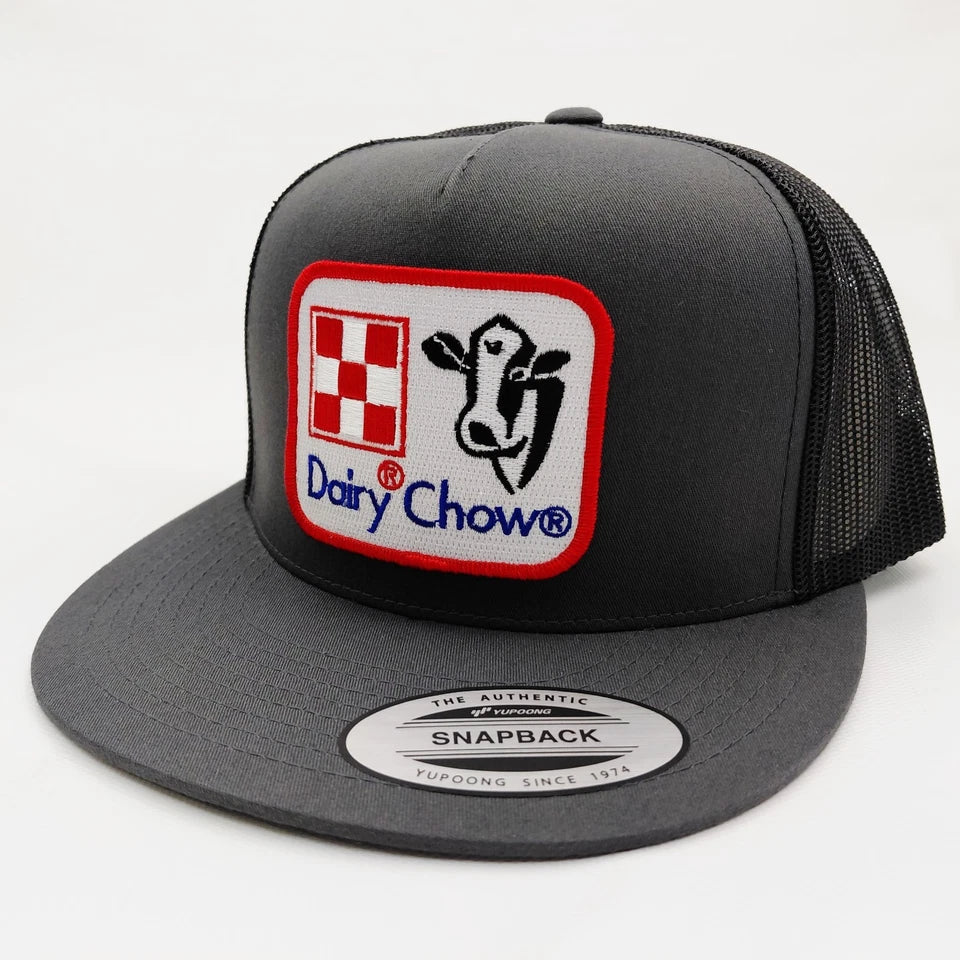 Dairy Chow Cattleman Rancher Hat Embroidered Patch Flat Bill Mesh Snapback Cap