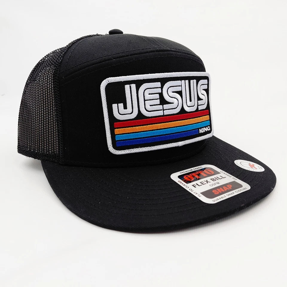 Jesus Christ King Embroidered Patch Flat Bill 7 Panel Otto Mesh Snapback Hat