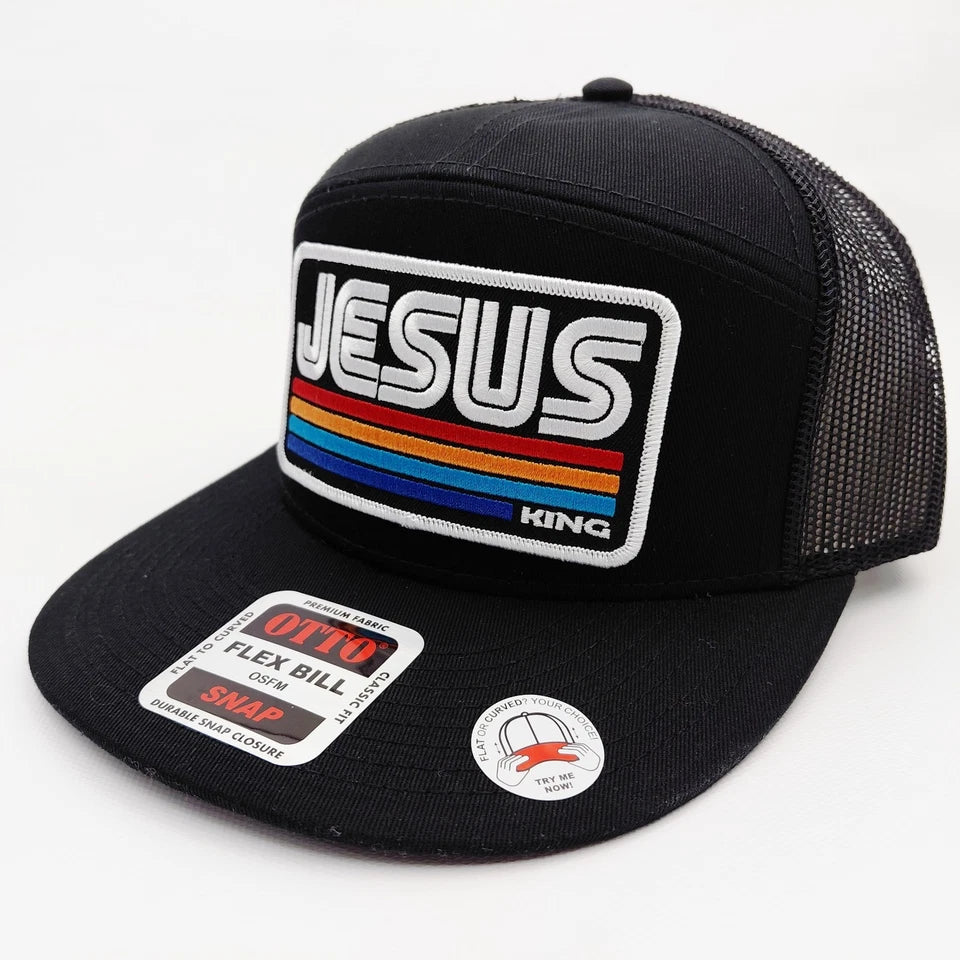 Jesus Christ King Embroidered Patch Flat Bill 7 Panel Otto Mesh Snapback Hat