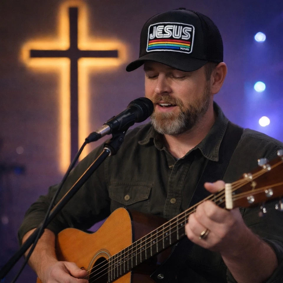 Jesus Christ King Embroidered Patch Flat Bill 7 Panel Otto Mesh Snapback Hat