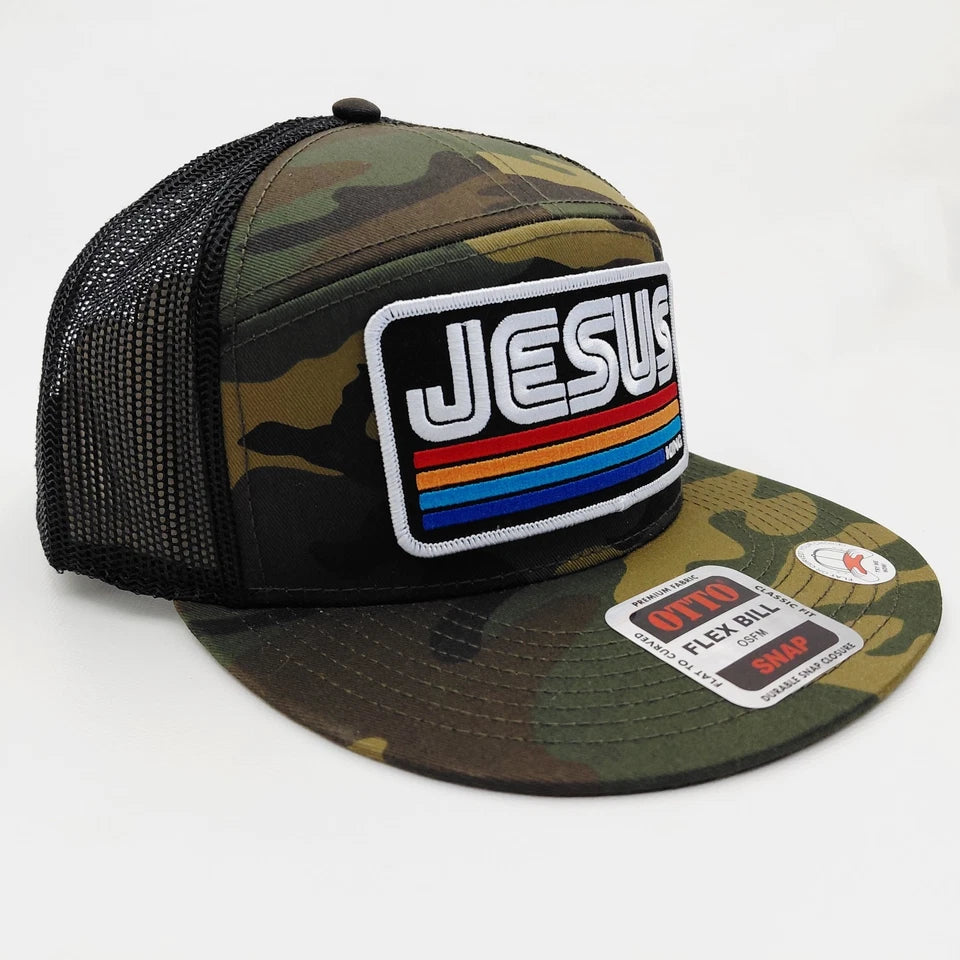 Jesus Christ King Embroidered Patch Flat Bill 7 Panel Otto Mesh Snapback Hat