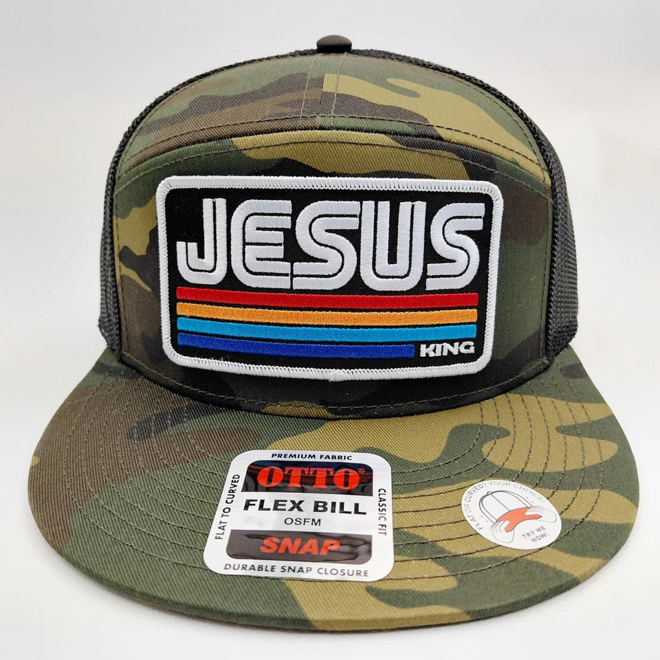 Jesus Christ King Embroidered Patch Flat Bill 7 Panel Otto Mesh Snapback Hat