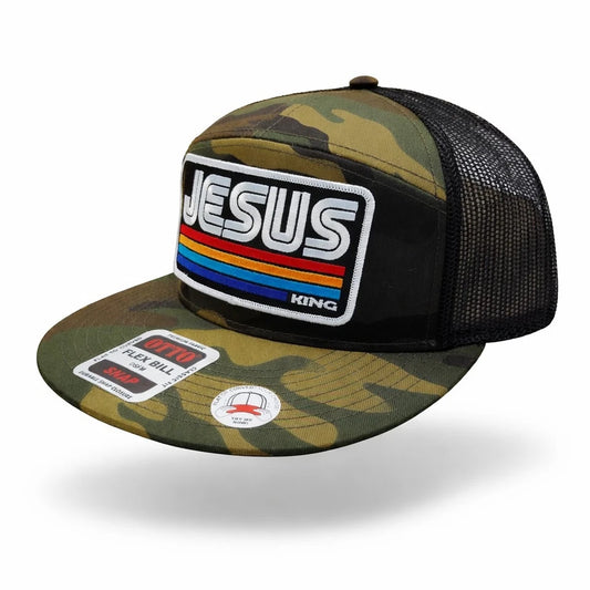 Jesus Christ King Embroidered Patch Flat Bill 7 Panel Otto Mesh Snapback Hat