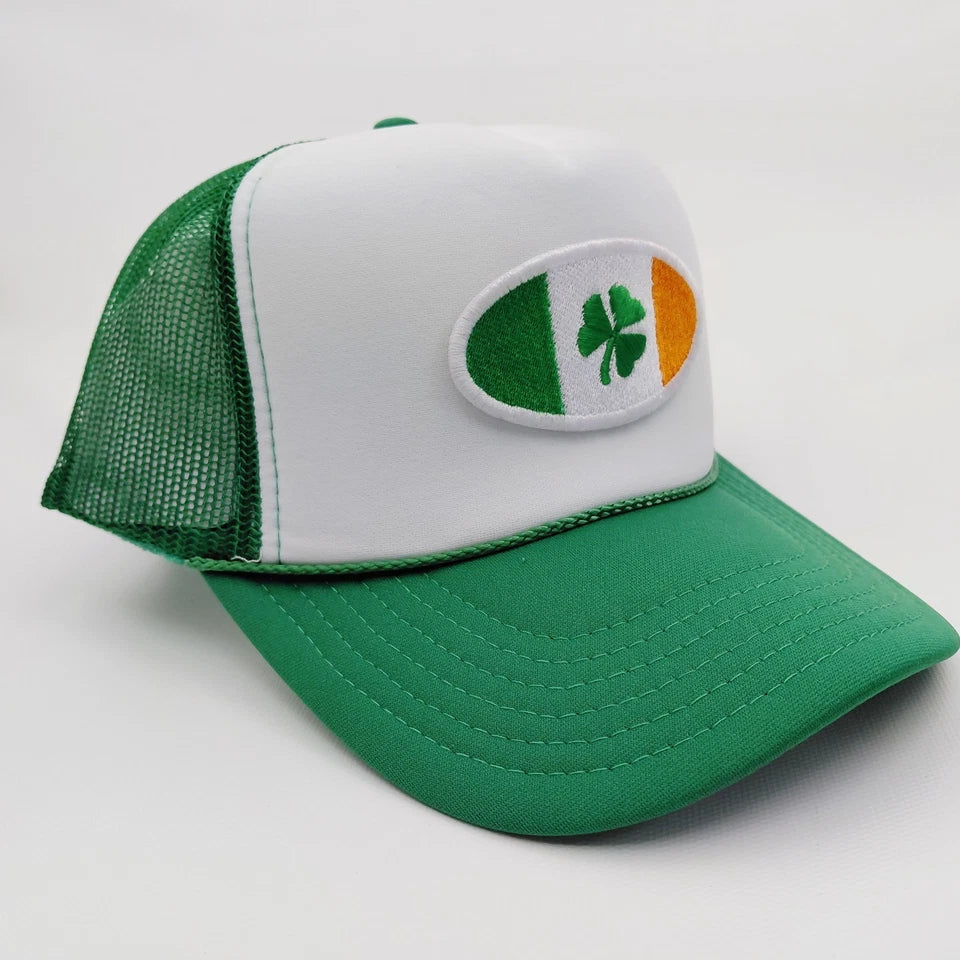 St. Patrick's Day Embroidered Clover Patch Mesh Snapback Green/White