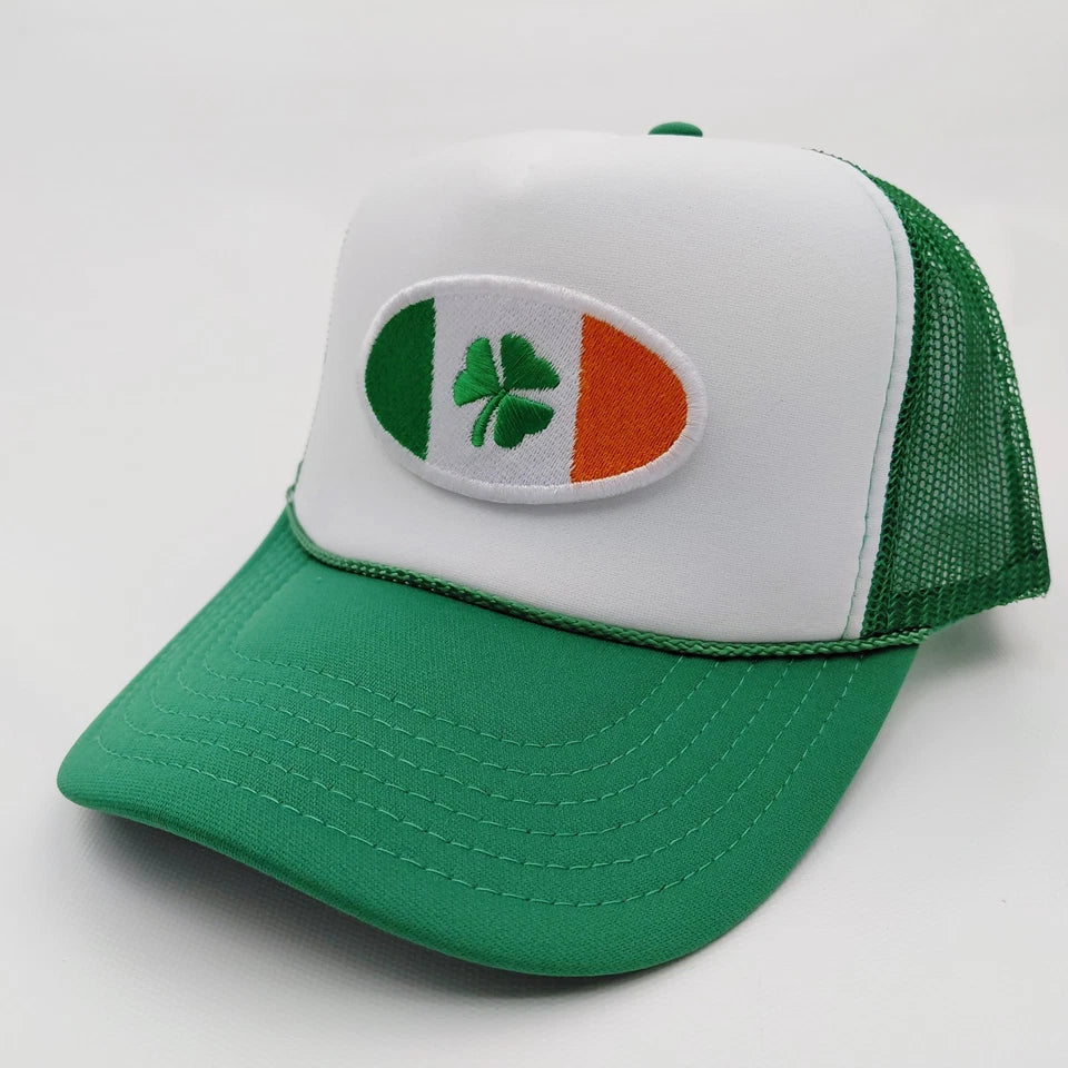 St. Patrick's Day Embroidered Clover Patch Mesh Snapback Green/White