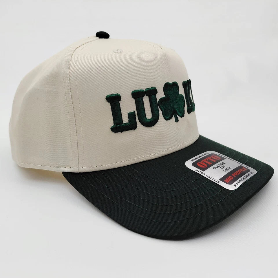 St. Patrick's Day Lucky Hat 5 Panel Snapback Cap Green / Beige