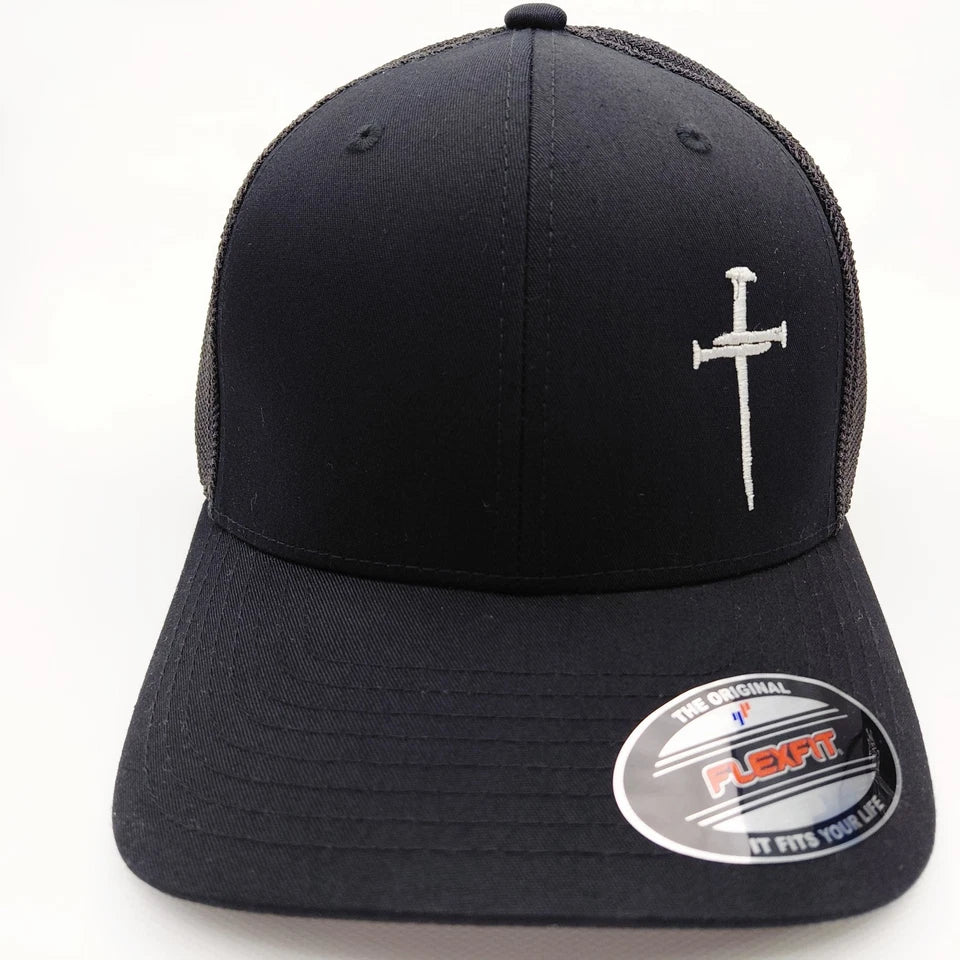 Three Crosses Flexfit Fitted Hat Cap Embroidered Black (Pick Your Size)