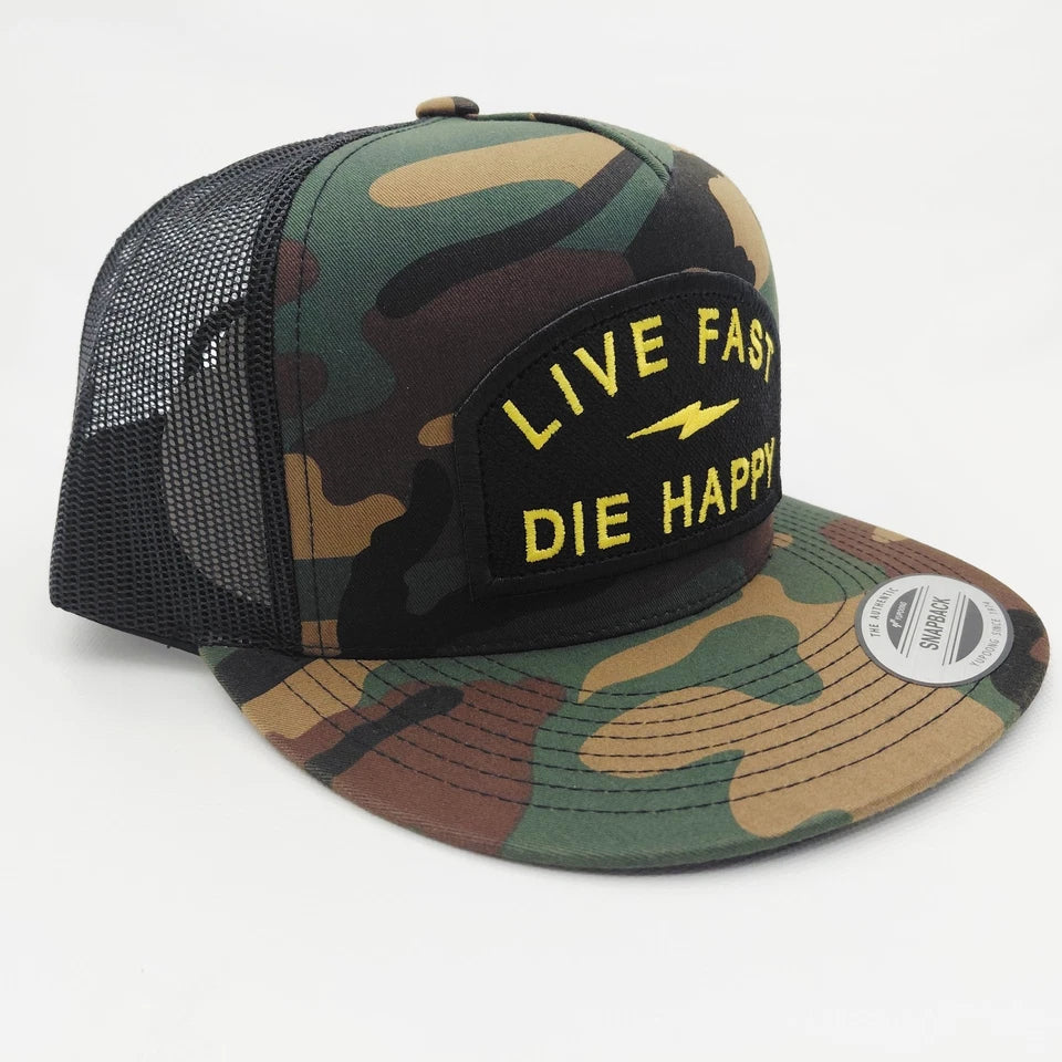 Live Fast Die Happy Patch Flat Bill Trucker Hat Snapback Camo/Black Cap