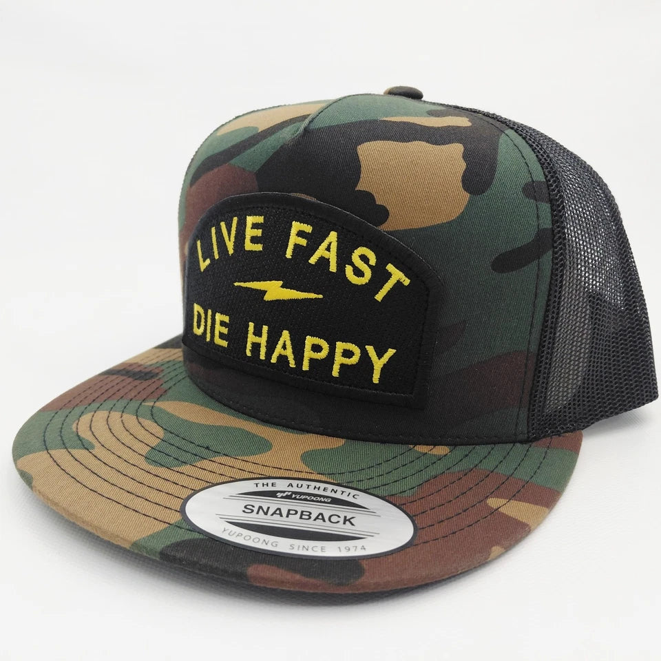 Live Fast Die Happy Patch Flat Bill Trucker Hat Snapback Camo/Black Cap