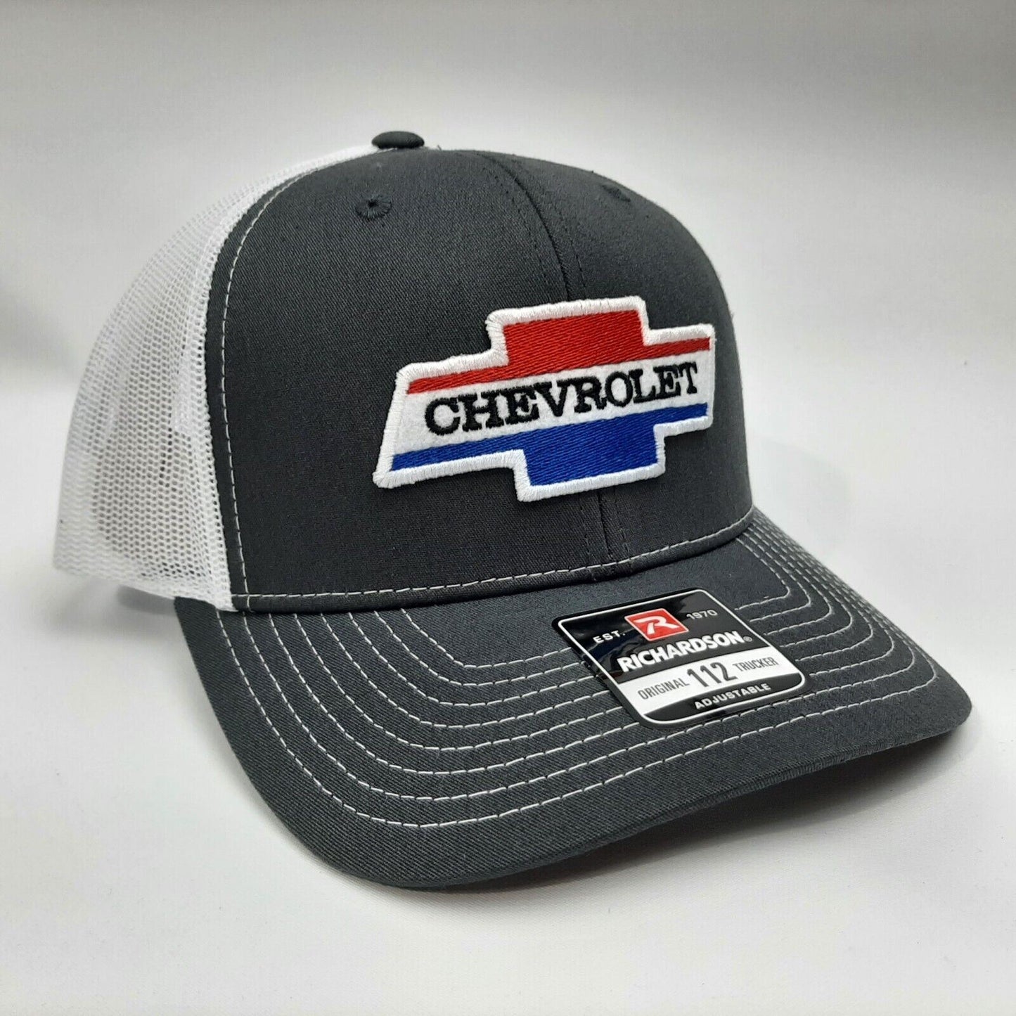 Chevrolet Chevy Embroidered Patch Richardson 112 Trucker Mesh Snapback Cap Hat Gray & White