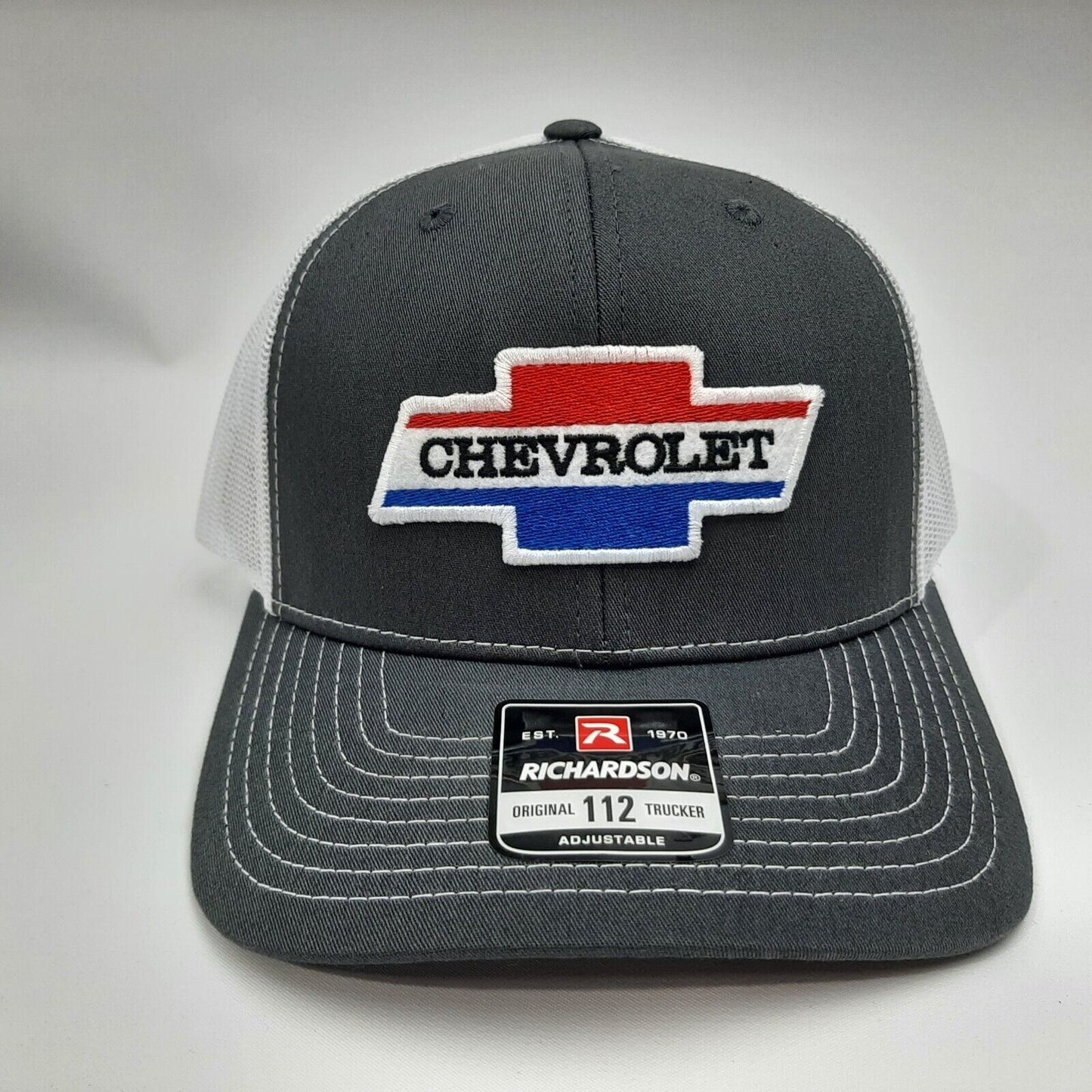 Chevrolet Chevy Embroidered Patch Richardson 112 Trucker Mesh Snapback Cap Hat Gray & White