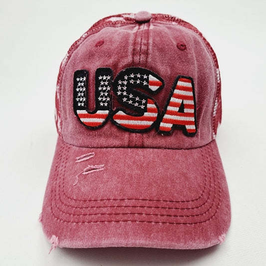 Patriotic USA Embroidered Patch Ponytail Hat Cap Mesh Net Stars Red Relaxed Cotton