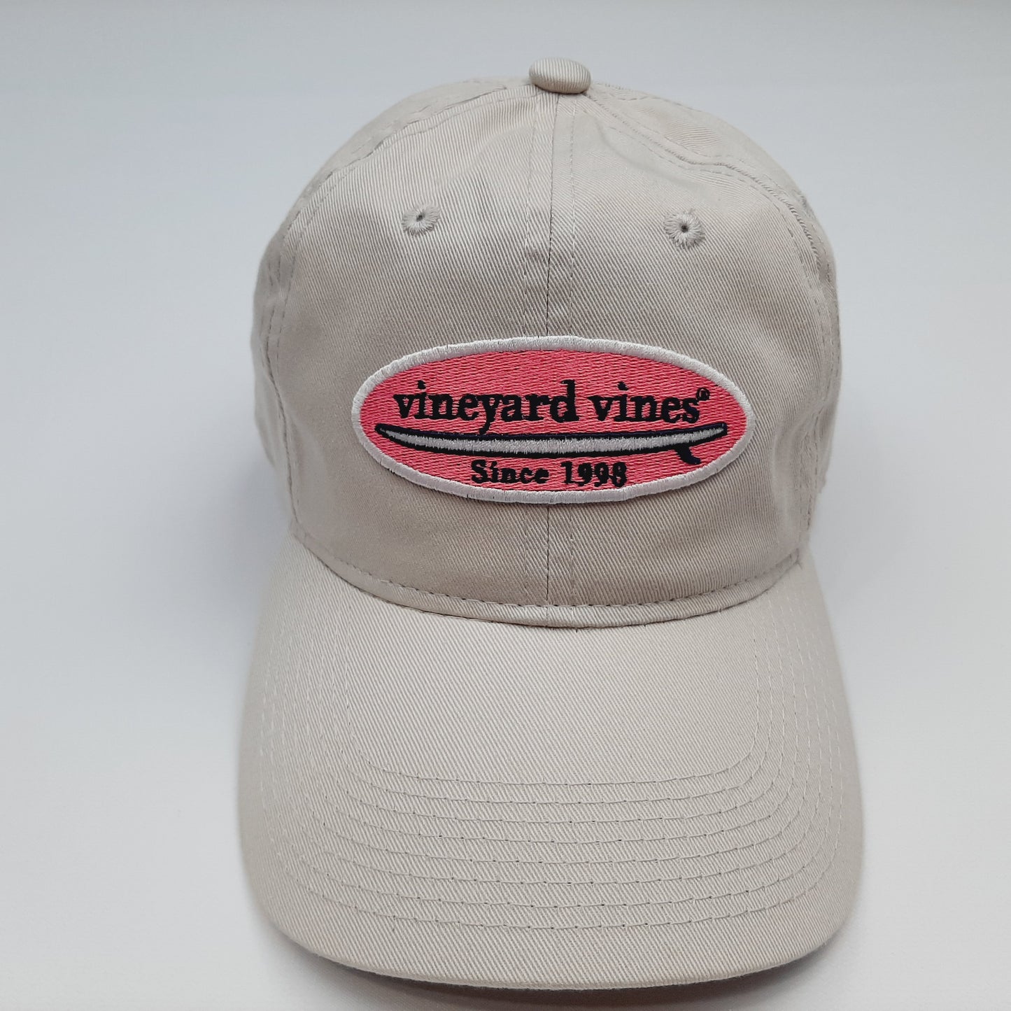 Vineyard Vines Embroidered Patch Beige 100% Cotton 6 Panel Cap Hat Adjustable Buckle