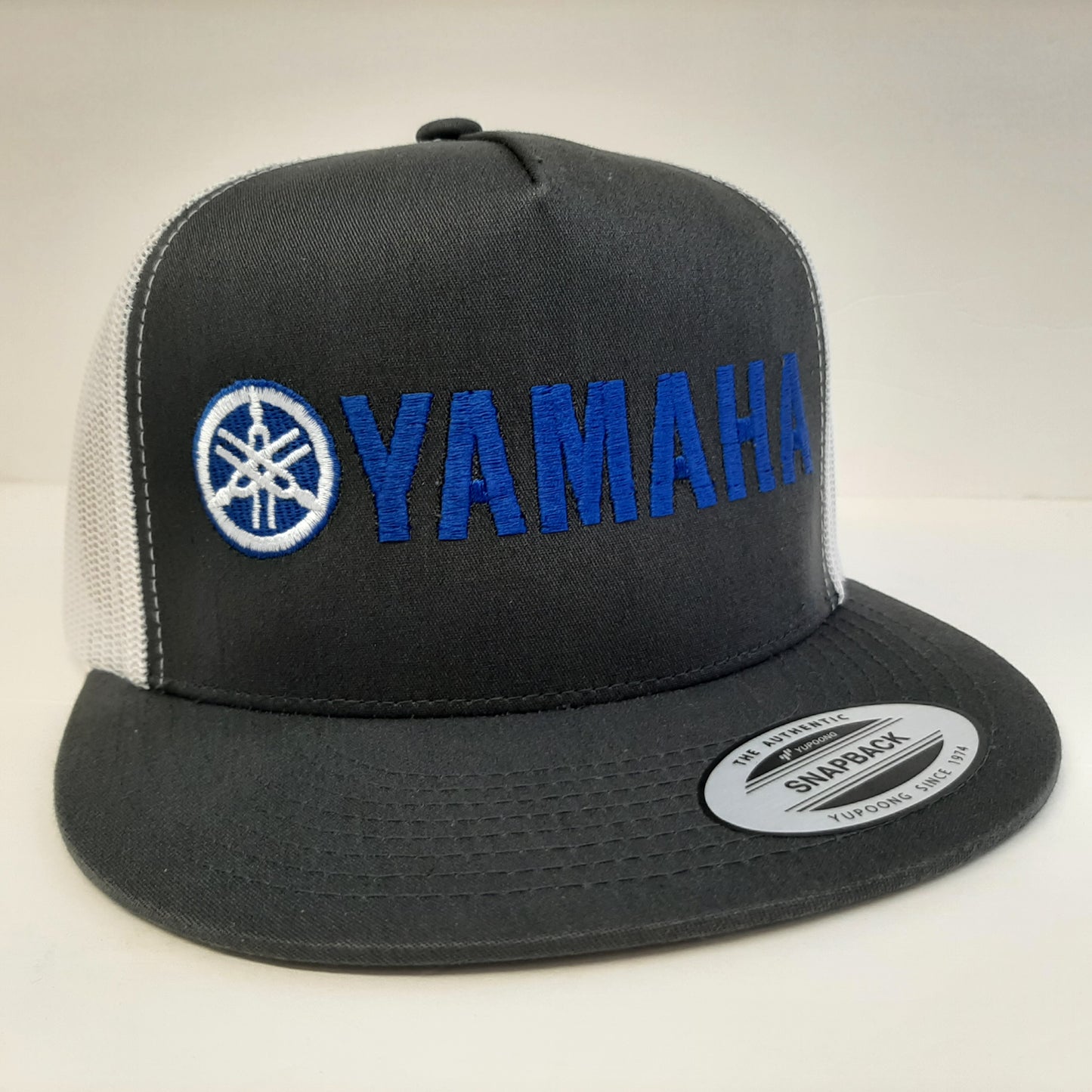 Yamaha Flat Bill Yupoong Mesh Snapback Hat Gray/White Direct Embroidered