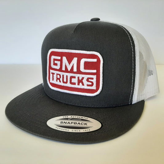 GMC Trucks Embroidered Patch Flat Bill Snapback Mesh Hat Cap White & Gray Yupoong