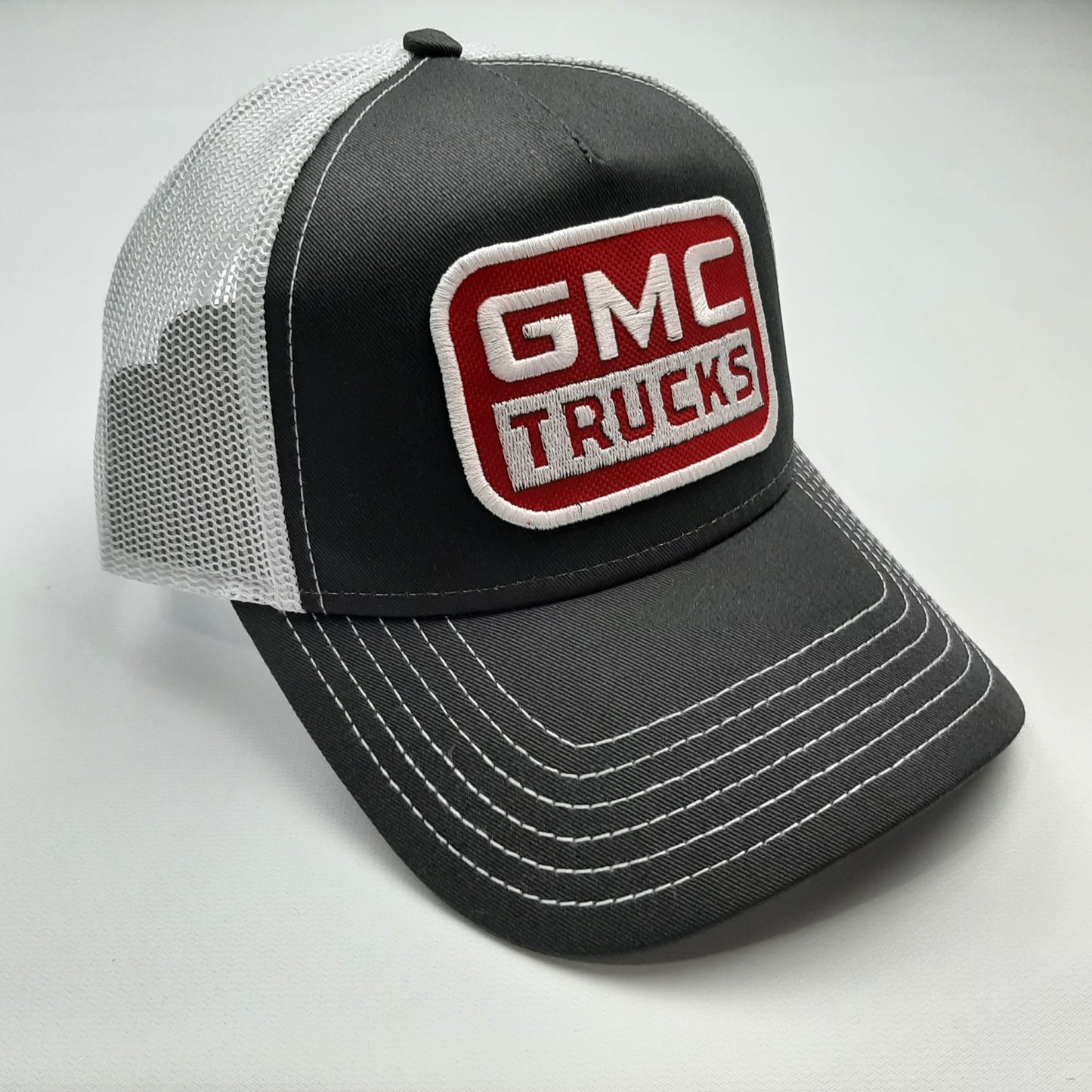 GMC Trucks Embroidered Patch Curved Bill Snapback Mesh Hat Cap White & Gray Otto