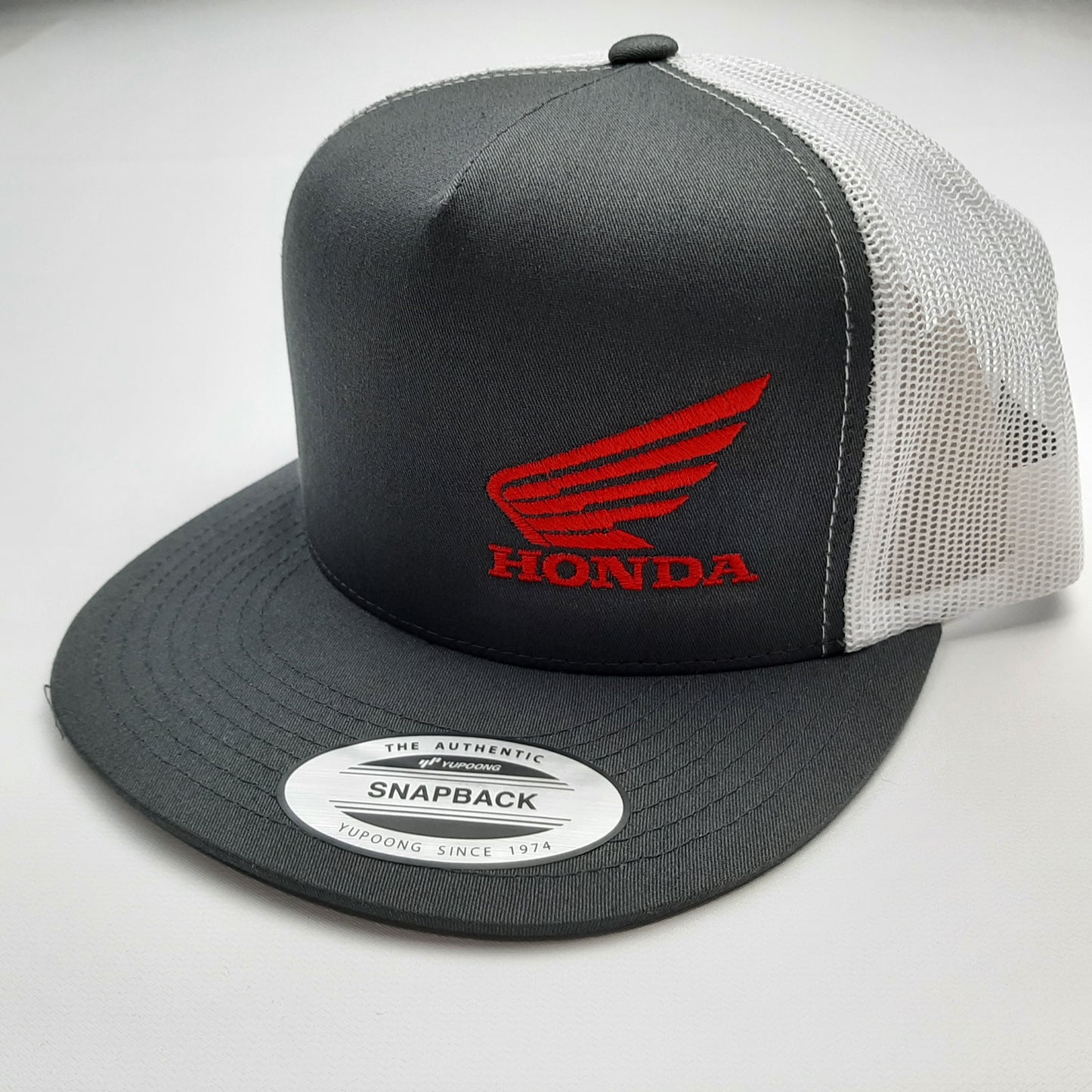 Honda Motorcycles Embroidered Patch Flat Bill Snapback Mesh Hat Cap White & Gray Yupoong