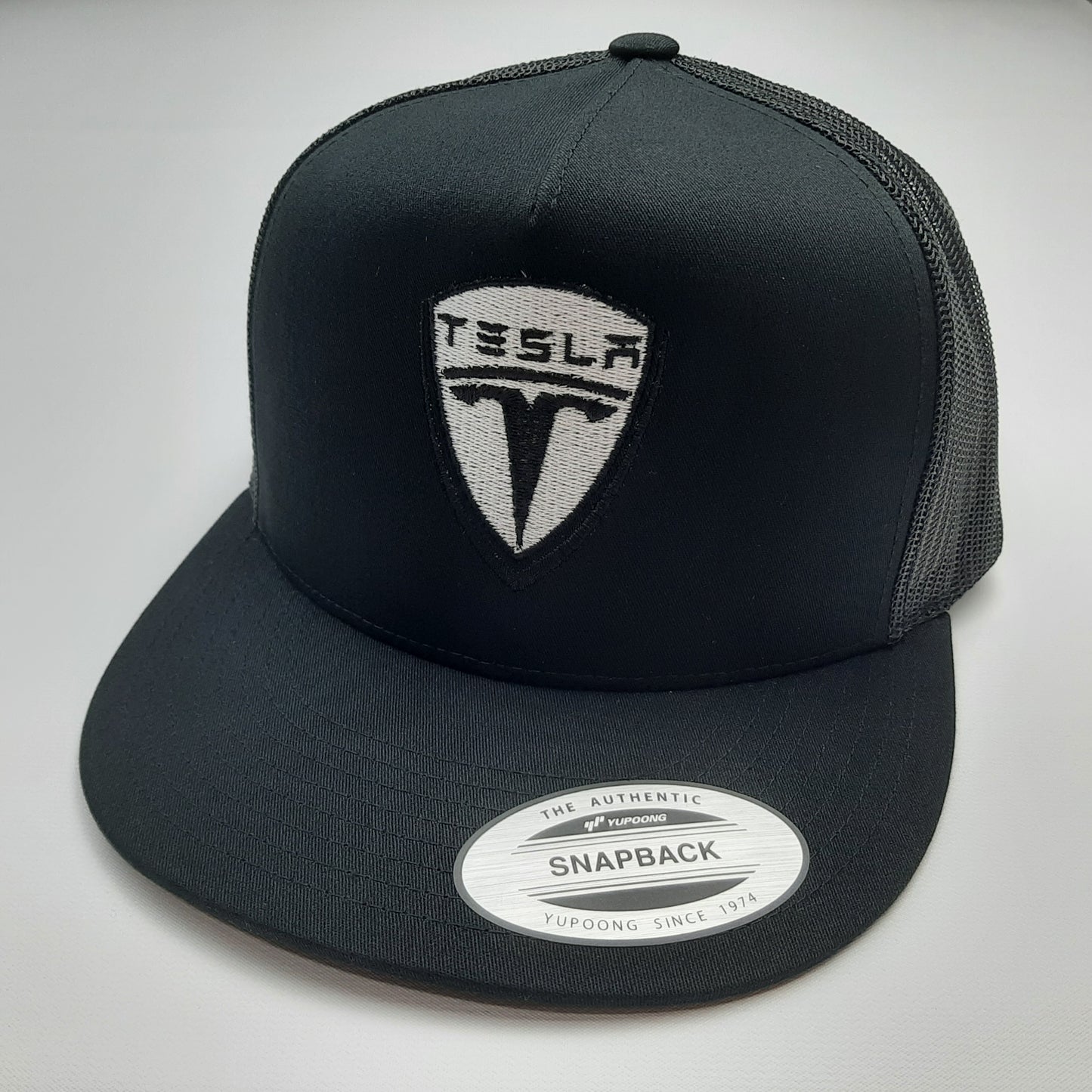 Tesla Embroidered Flat Bill Trucker Mesh Snapback Black