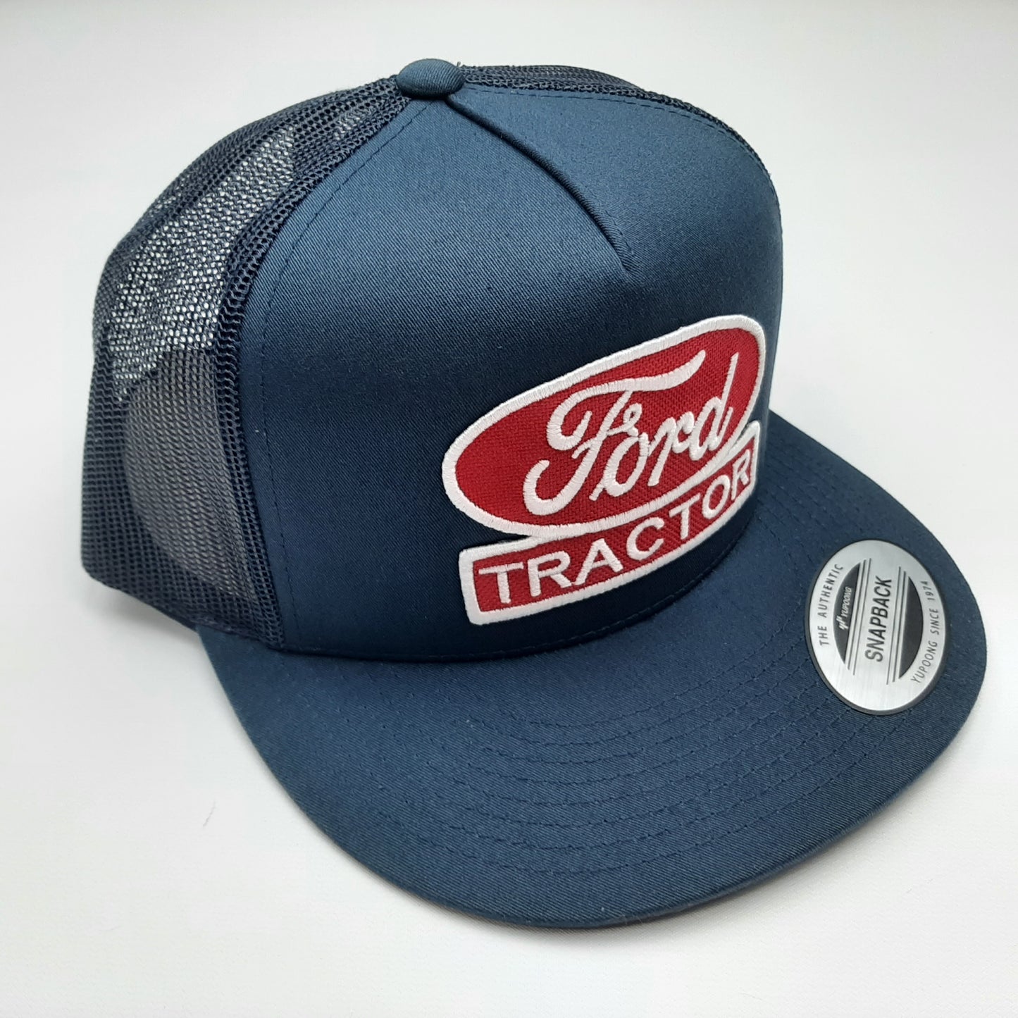 Ford Tractor Embroidered Patch Flat Bill Snapback Mesh Hat Cap Blue Yupoong