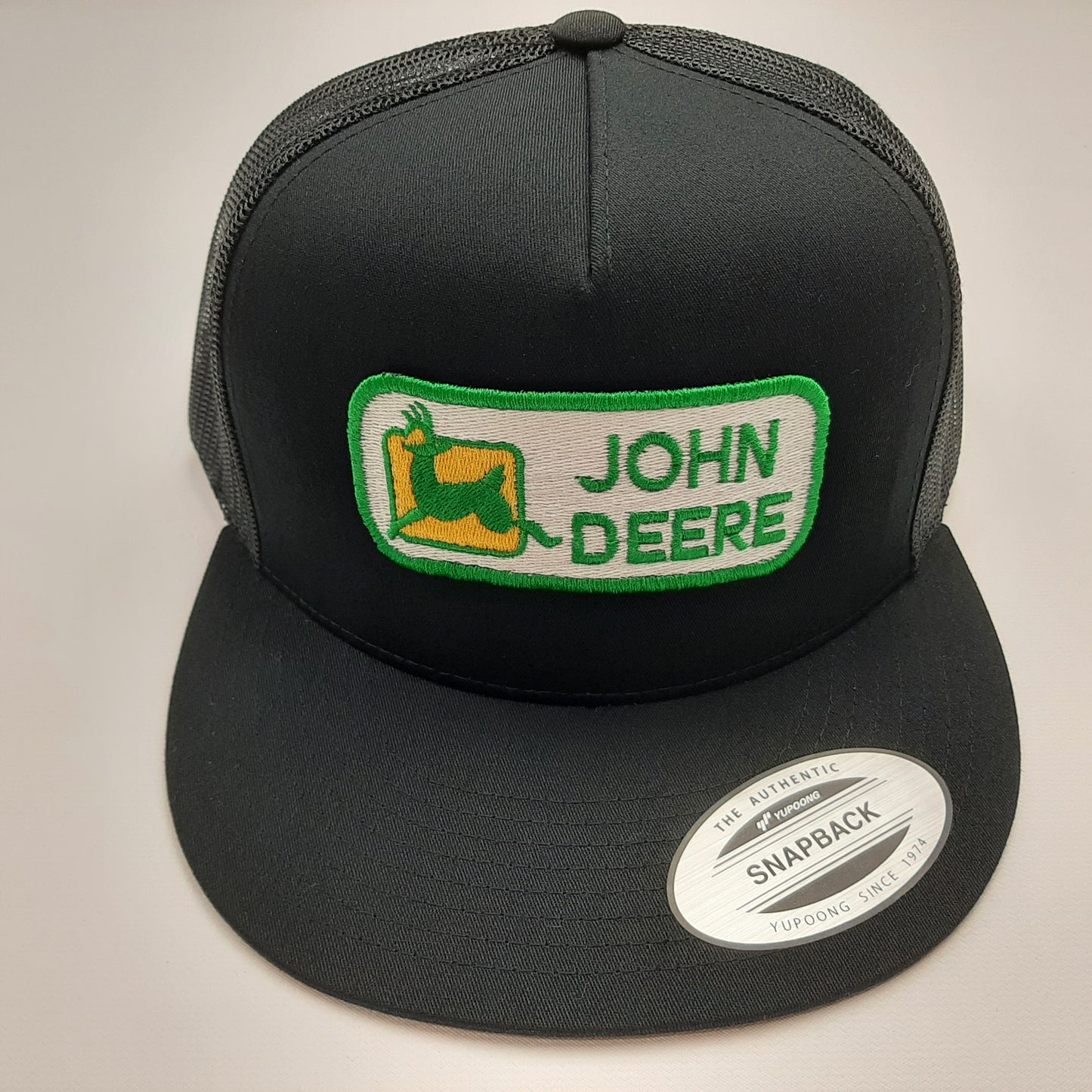 John Deere Embroidered Patch Flat Bill Mesh Snapback Cap Hat Black Yupoong