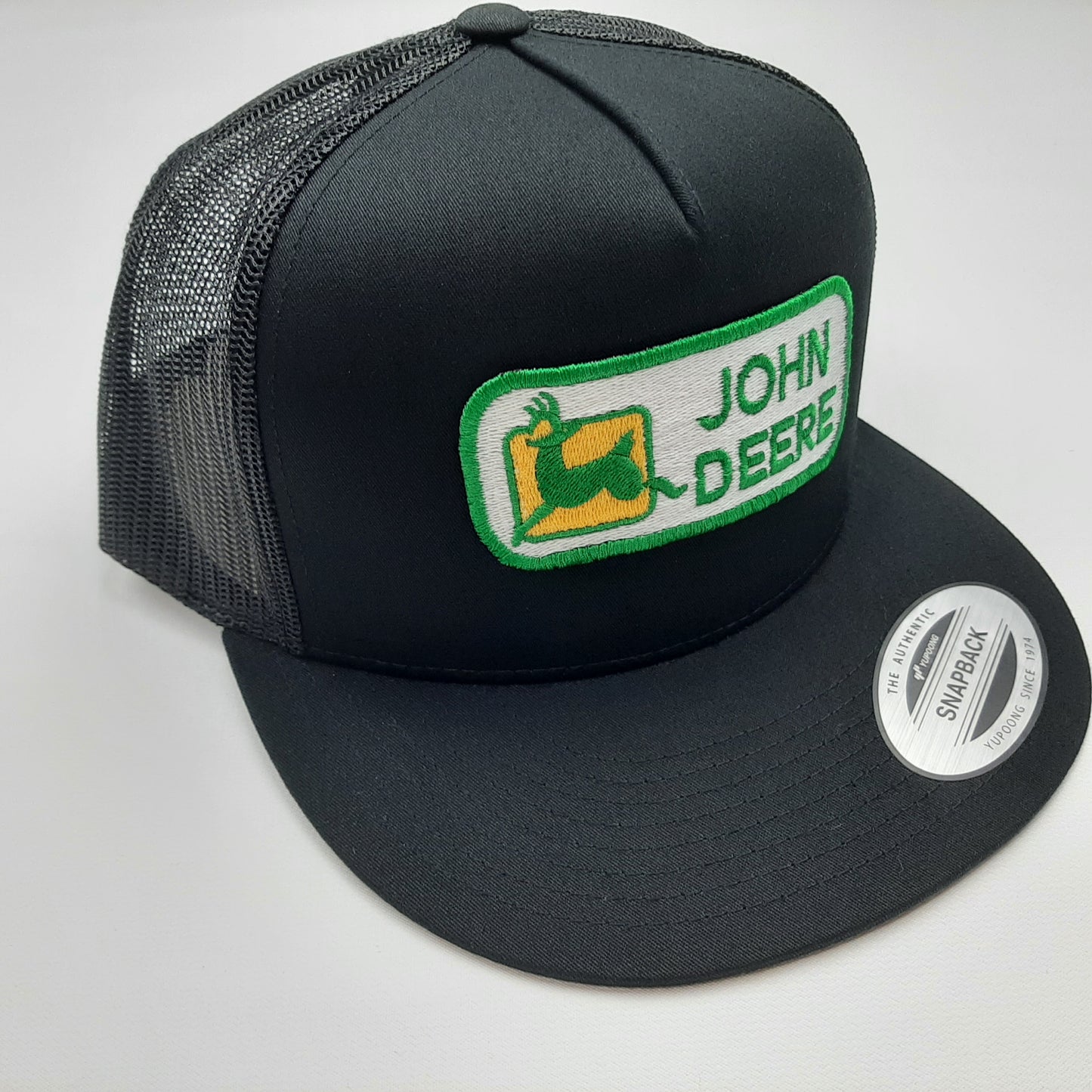 John Deere Embroidered Patch Flat Bill Mesh Snapback Cap Hat Black Yupoong