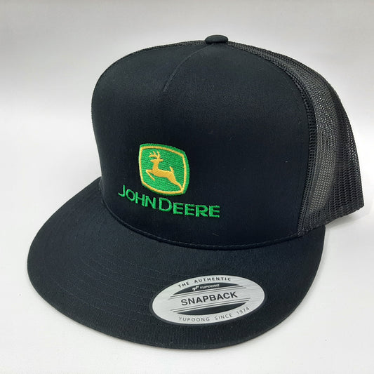 John Deere Embroidered Flat Bill Mesh Snapback Cap Hat Black Yupoong