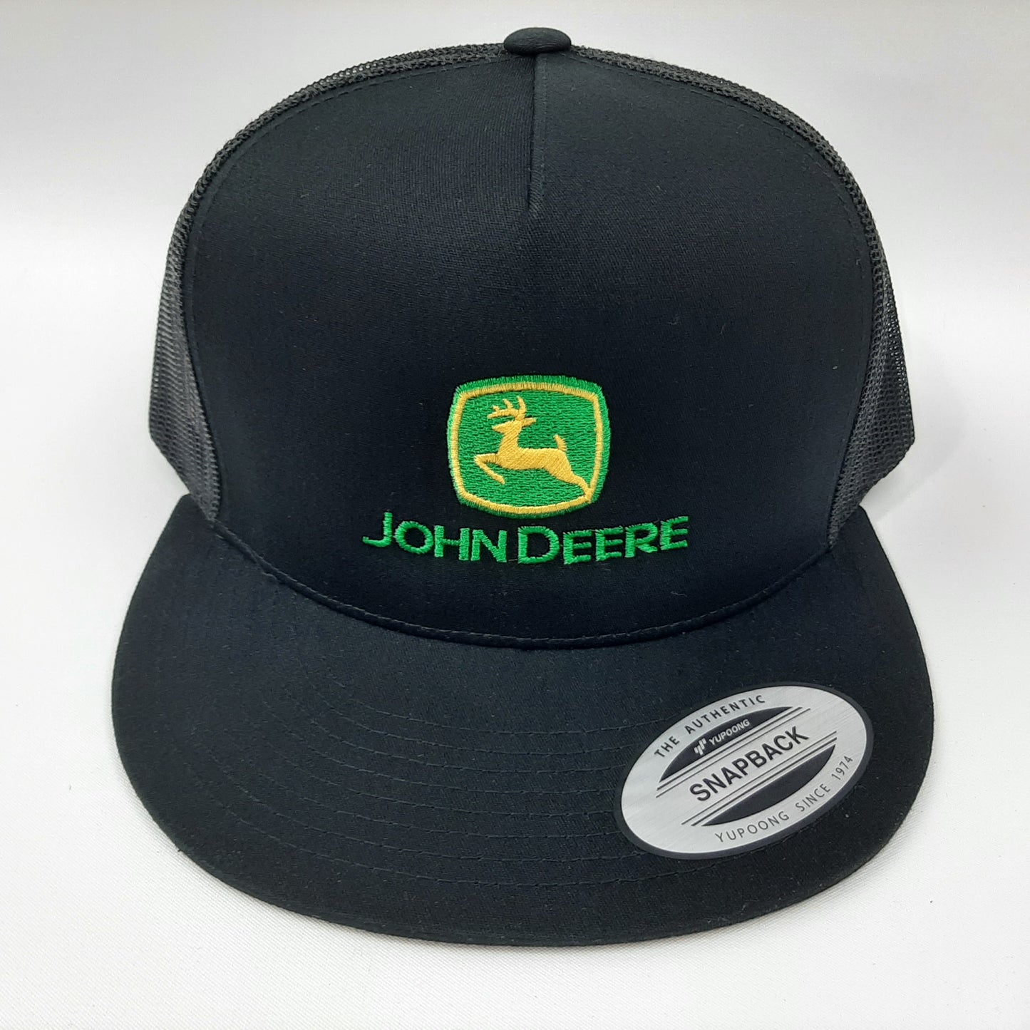 John Deere Embroidered Flat Bill Mesh Snapback Cap Hat Black Yupoong