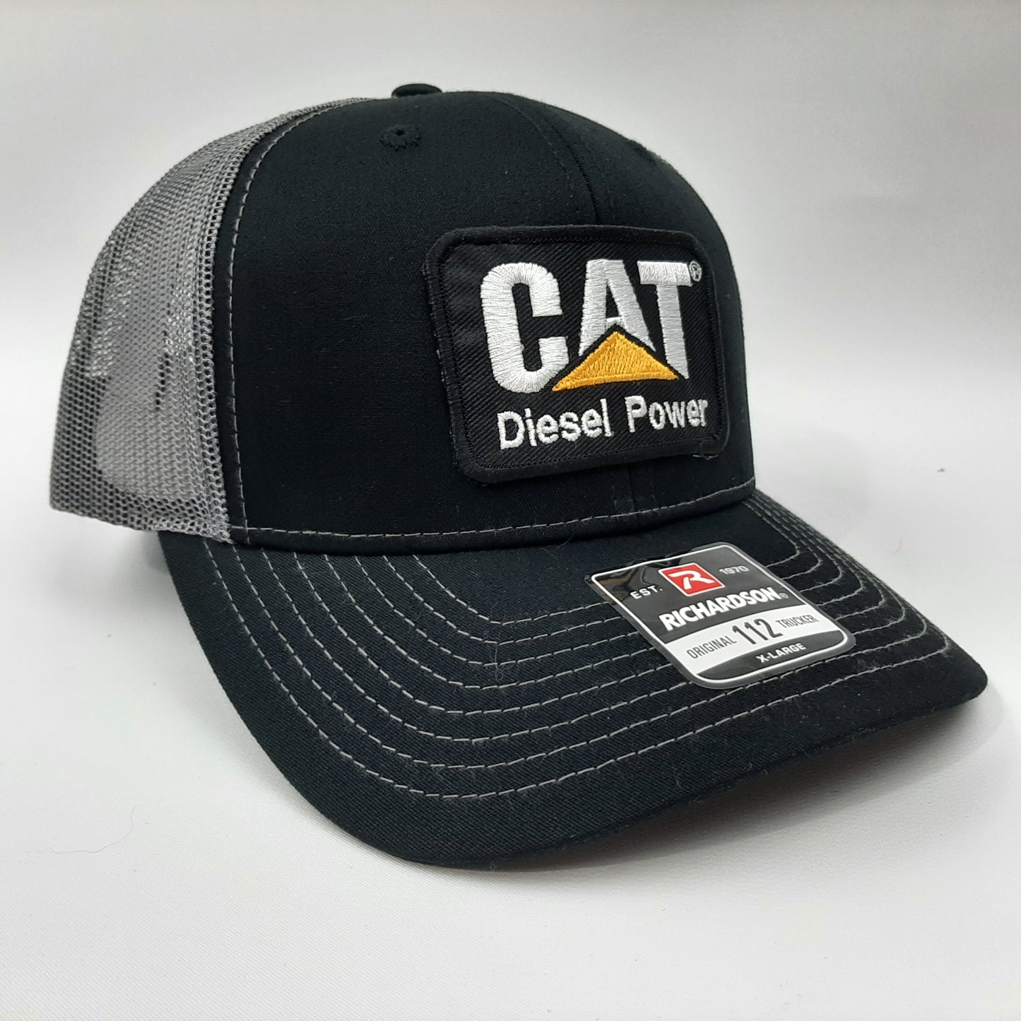 Richardson 112 CAT Caterpillar Patch Mesh Snapback Cap Hat Bi-Color Black & Gray