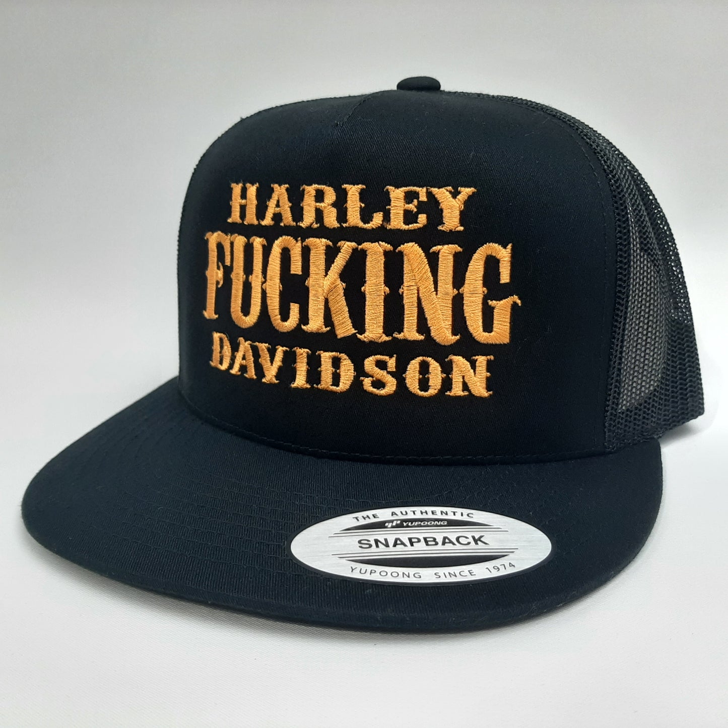 Harley Fucking Davidson Trucker Mesh Snapback Cap Hat Flat Brim Embroidered Cotton front panel polyester mesh panels Black