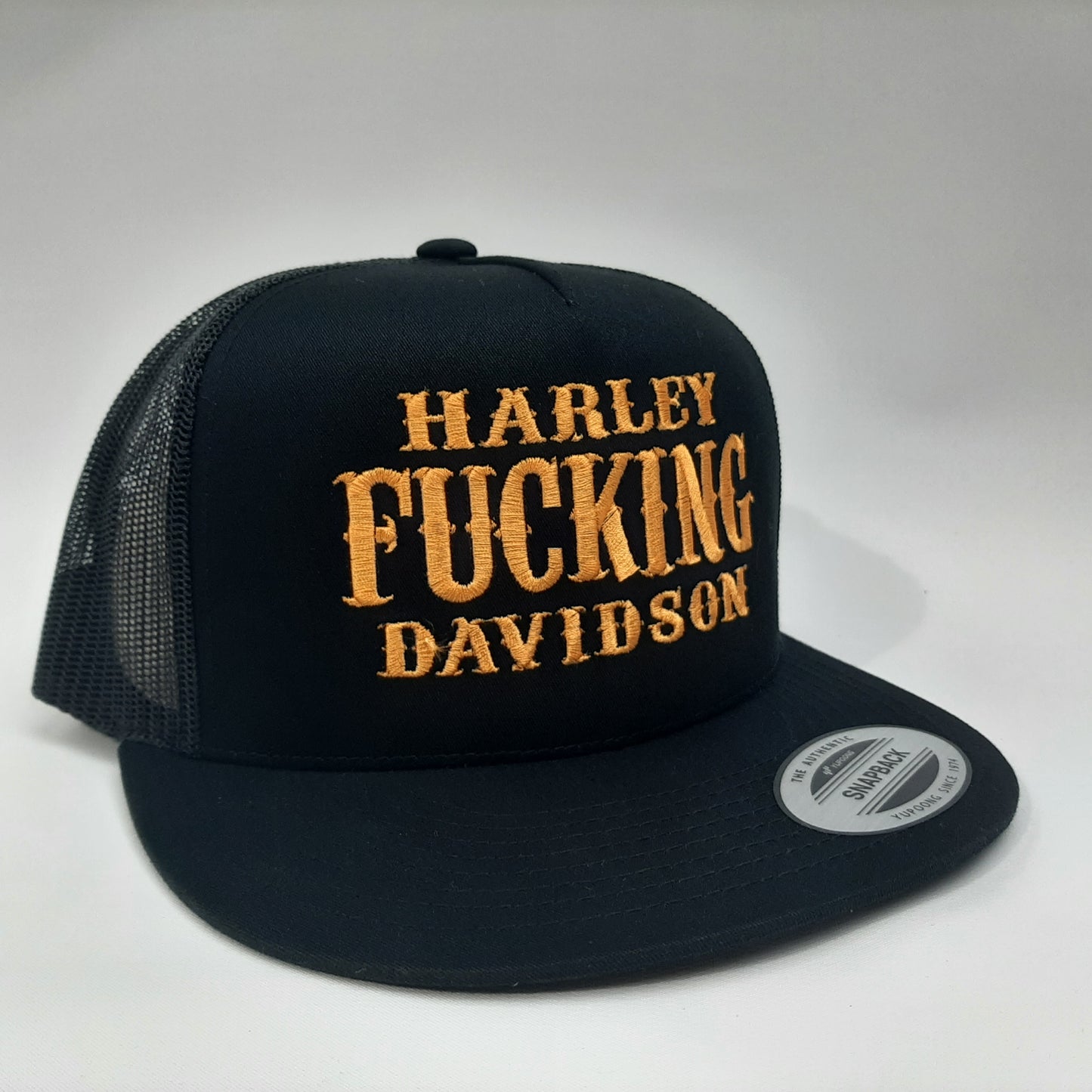 Harley Fucking Davidson Trucker Mesh Snapback Cap Hat Flat Brim Embroidered Cotton front panel polyester mesh panels Black