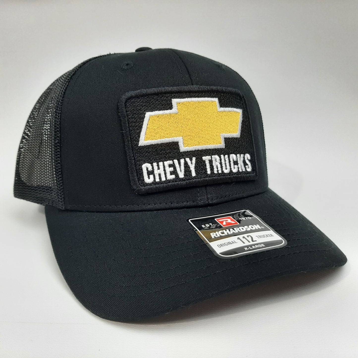 Chevy Trucks Embroidered Patch Richardson 112 Curved Bill Trucker Mesh Snapback Cap Hat Black Size XL