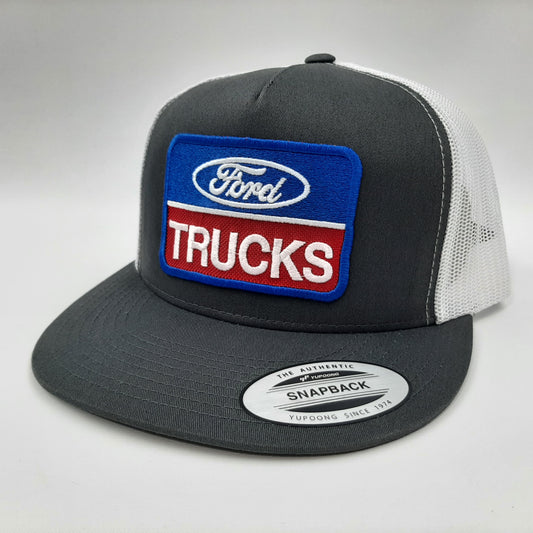 Ford Trucks Embroidered Patch Flat Bill Snapback Mesh Hat Cap Yupoong Gray White