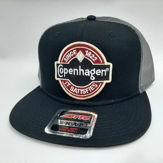 Copenhagen Snuff Embroidered Patch Flat Bill Snapback Hat Cap Gray Black Mesh Otto