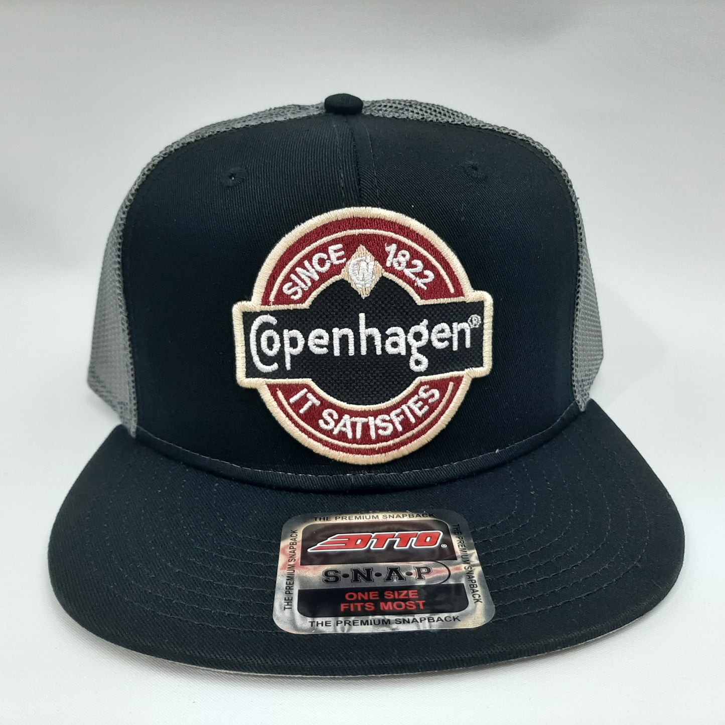 Copenhagen Snuff Embroidered Patch Flat Bill Snapback Hat Cap Gray Black Mesh Otto
