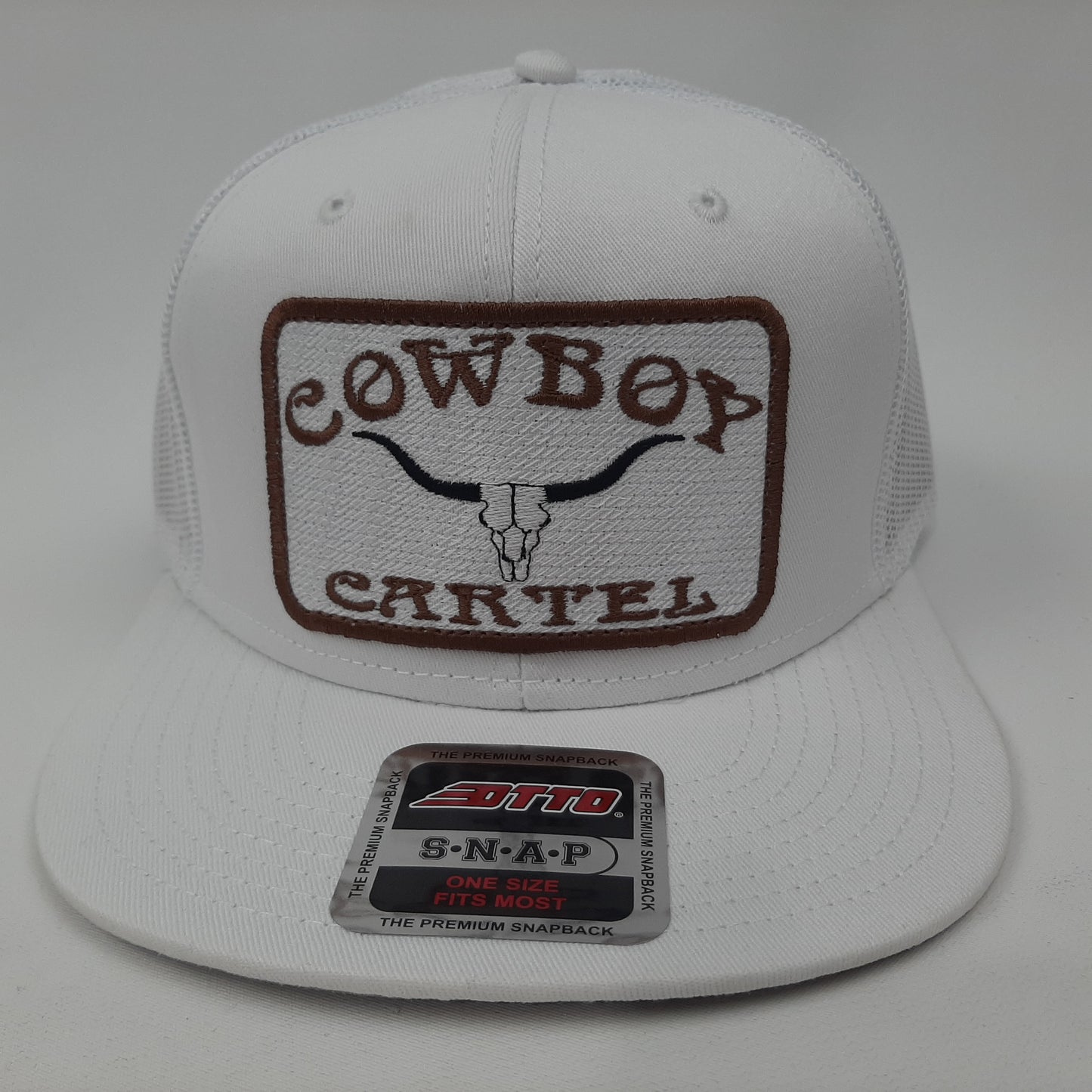 Cowboy Cartel Embroidered Patch Baseball Cap Flat Bill Trucker Mesh Snapback White