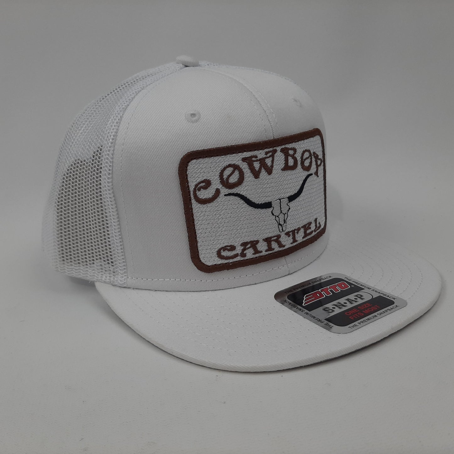 Cowboy Cartel Embroidered Patch Baseball Cap Flat Bill Trucker Mesh Snapback White