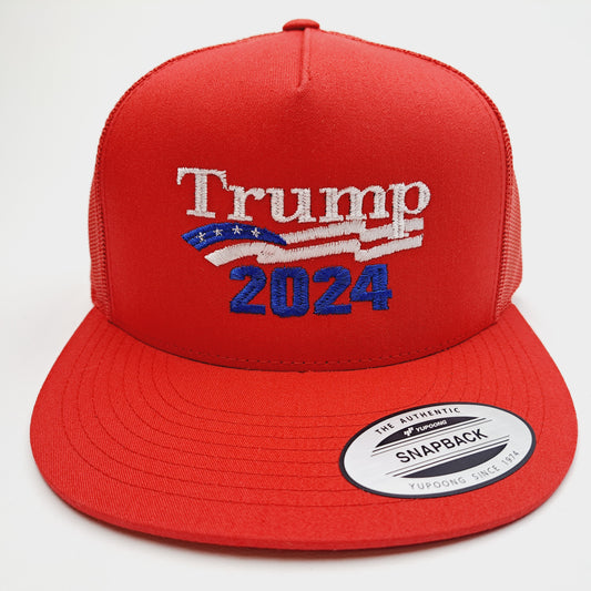 Donald J. Trump 2024 MAGA Embroidered Flat Bill Mesh Snapback Cap Hat Red Yupoong