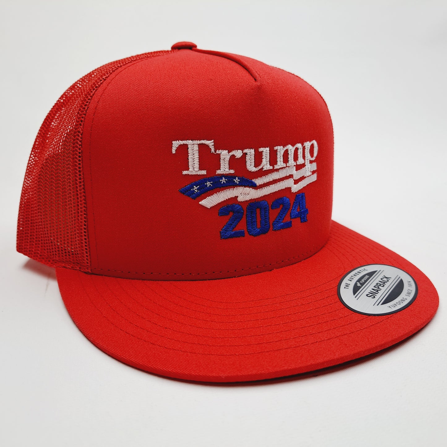 Donald J. Trump 2024 MAGA Embroidered Flat Bill Mesh Snapback Cap Hat Red Yupoong