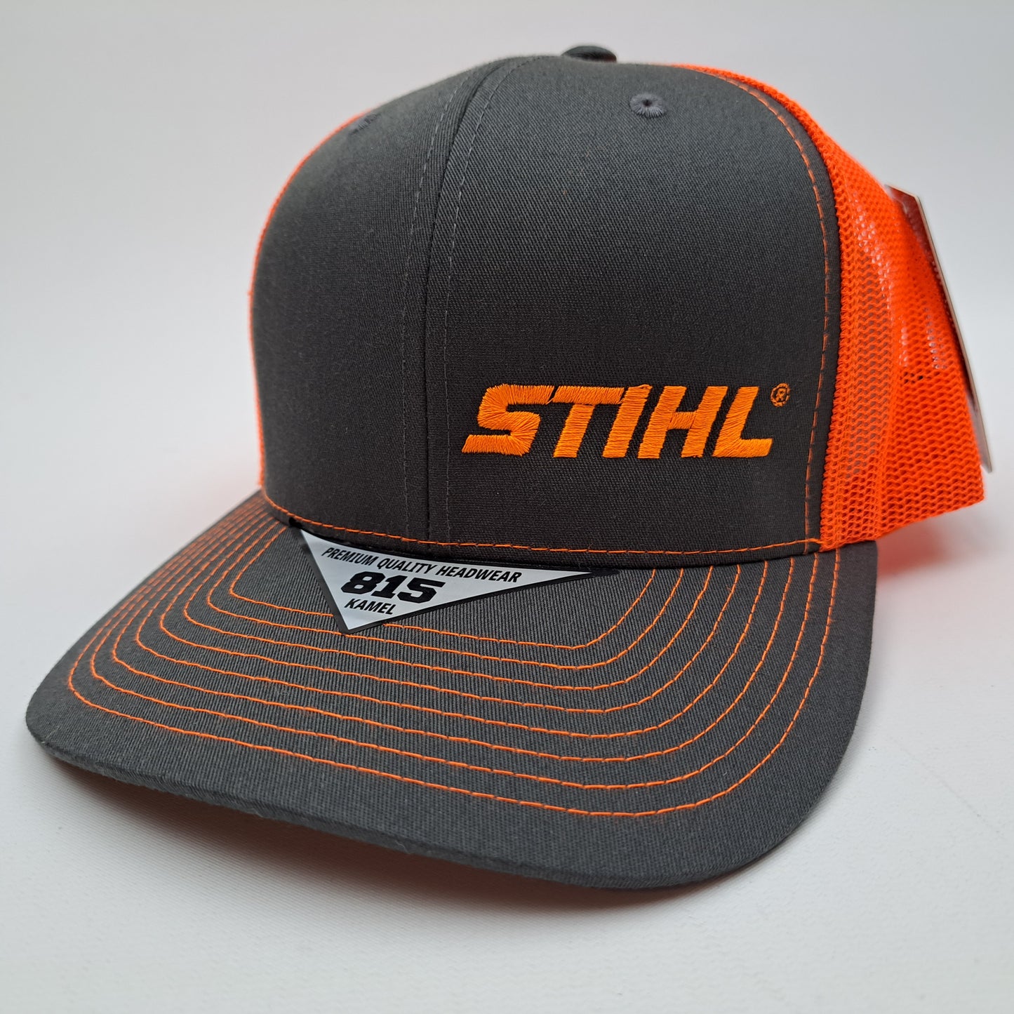 STIHL Chainsaw Embroidered Cap Hat Mesh Snapback Gray & Neon Orange