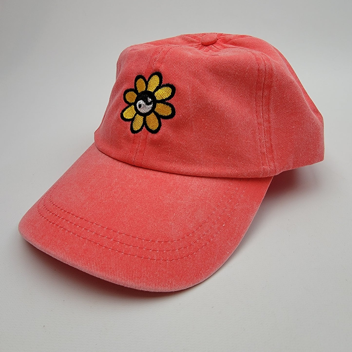 Yin & Yang Sunflower Relaxed Cotton Women's Embroidered Buckle Strap Curved Bill Hat Cap Garment Washed Orange