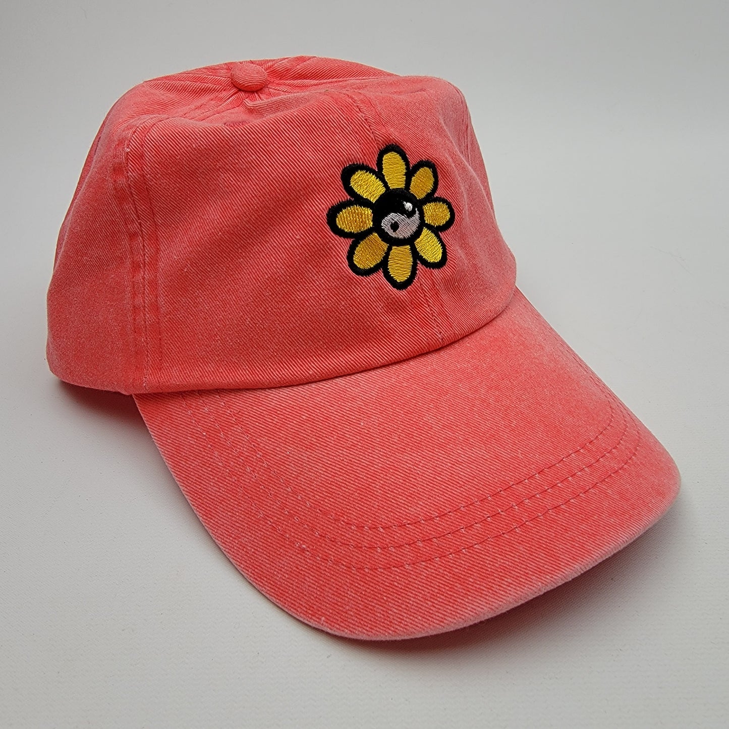 Yin & Yang Sunflower Relaxed Cotton Women's Embroidered Buckle Strap Curved Bill Hat Cap Garment Washed Orange