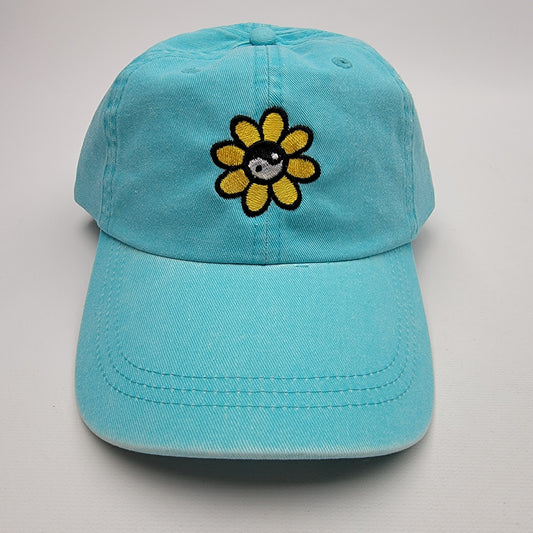 Yin & Yang Sunflower Relaxed Cotton Women's Embroidered Buckle Strap Curved Bill Hat Cap Garment Washed Blue