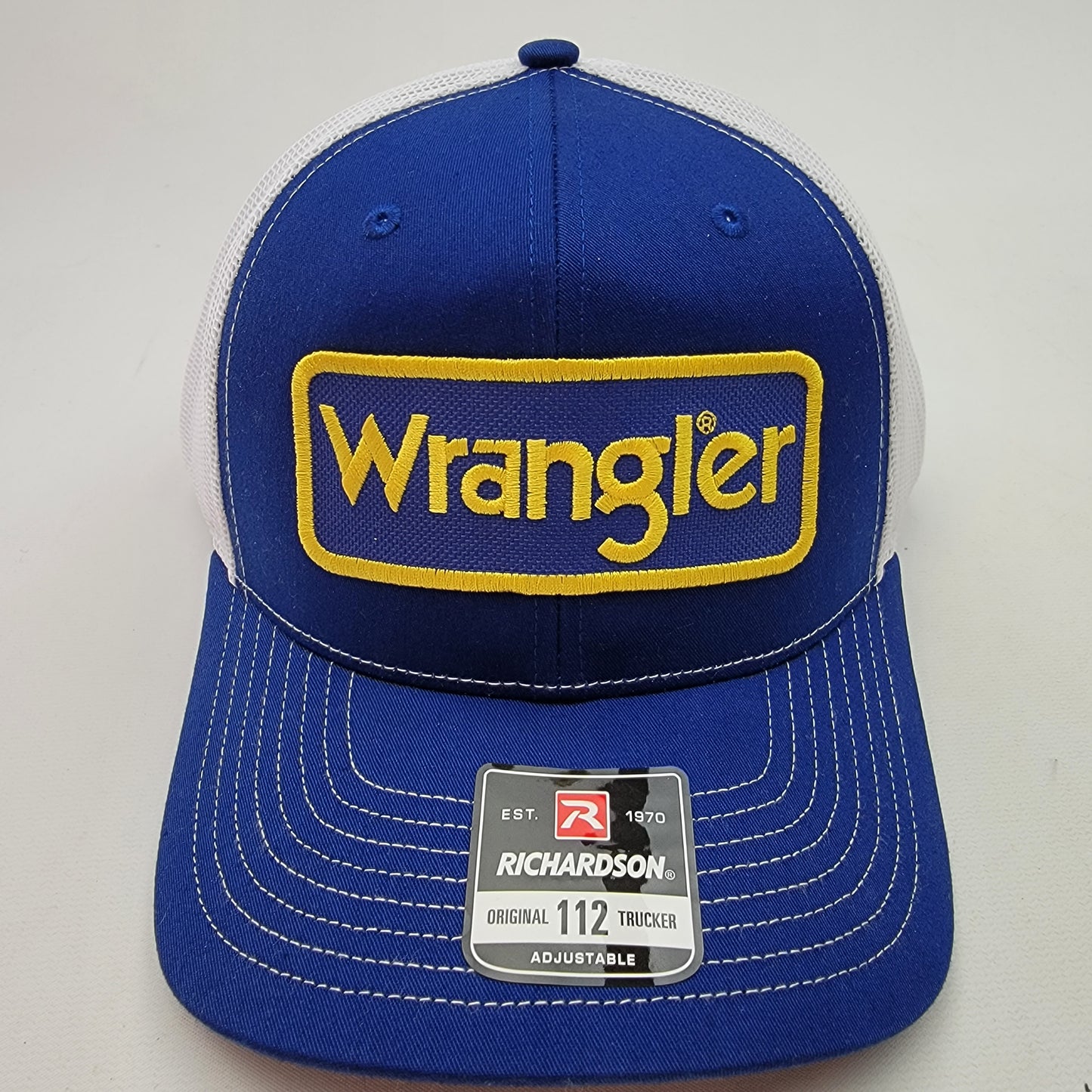 Wrangler Patch Richardson 112 Trucker Mesh Snapback Cap Hat Blue & White